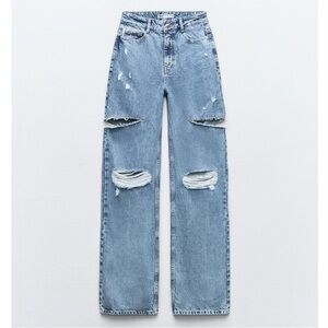 Zara Mid rise ripped cut out straight leg jeans